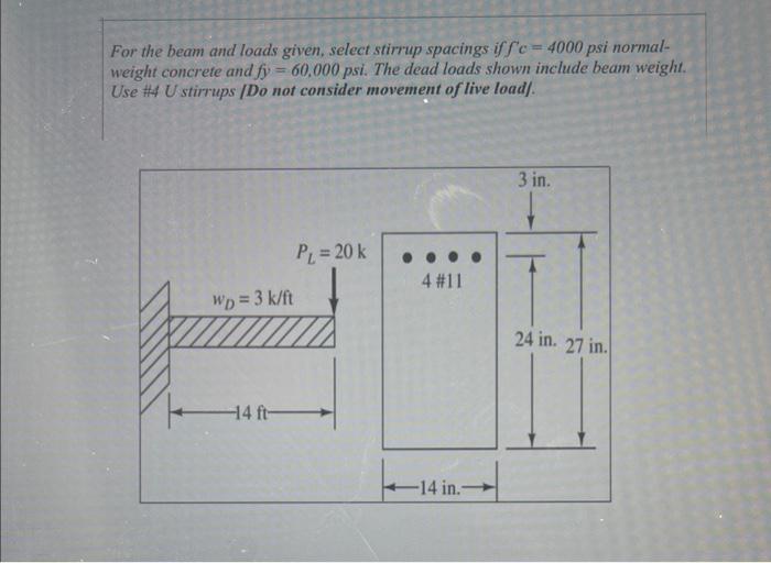 For the beam and loads given, select stirrup spacings if \( f \mathrm{c}=4000 \) psi normalweight concrete and \( f y=60,000