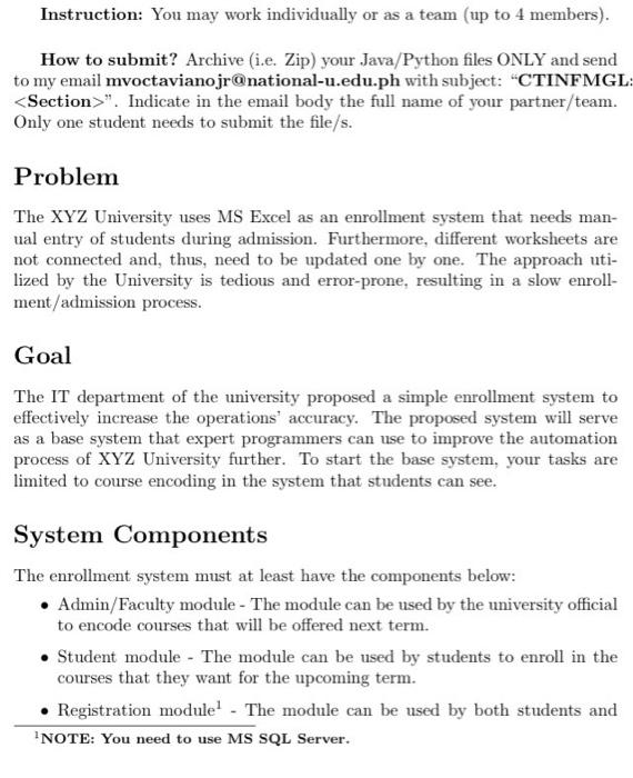 Solved Instruction: You may work individually or as a team | Chegg.com