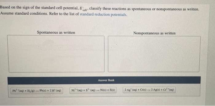 Based on the sign of the standard cell potential, \( E_{\text {cell }} \), classify these reactions as spontaneous or nonspon