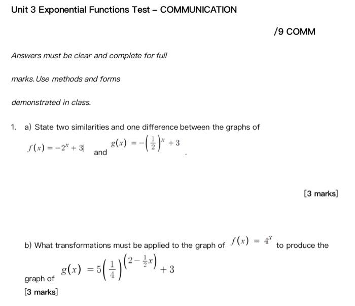 Solved Unit 3 Exponential Functions Test - COMMUNICATION /9 | Chegg.com