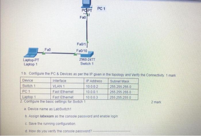 Solved PC 1 PPT Fao Fao Fa0/11 Fa0/10 Laptop.PT Laptop 1 | Chegg.com