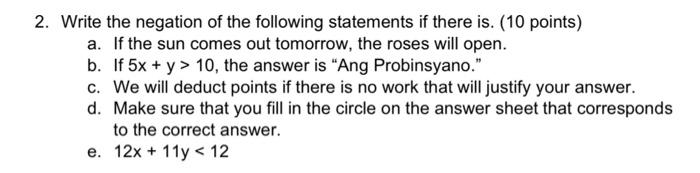 Solved 2. Write the negation of the following statements if | Chegg.com