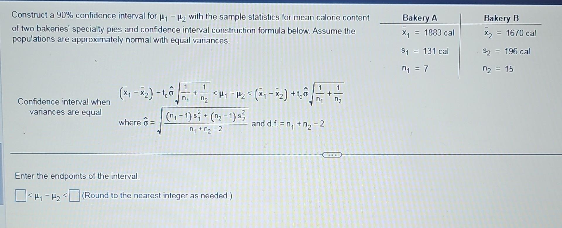 Solved Construct a 90% confidence interval for μ1−μ2 with | Chegg.com