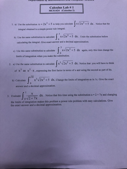 Solved Calculus Lab #1 MCS1424 (Calculus 2) xv2x + 5 dx. | Chegg.com