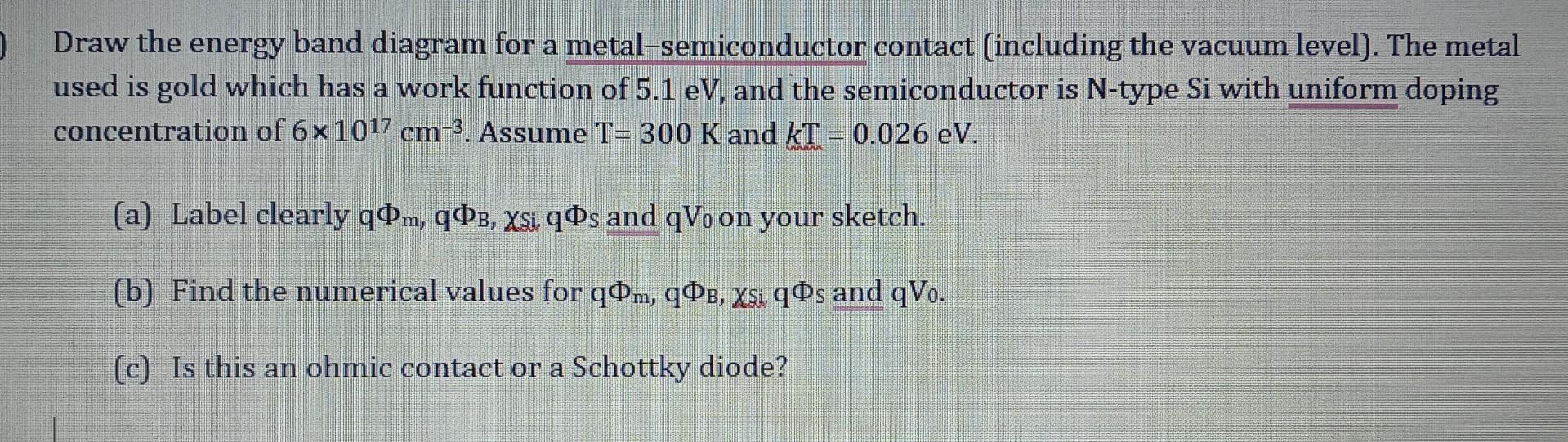 Draw the energy band diagram for a metal-semiconductor contact (including the vacuum level). The metal used is gold which has