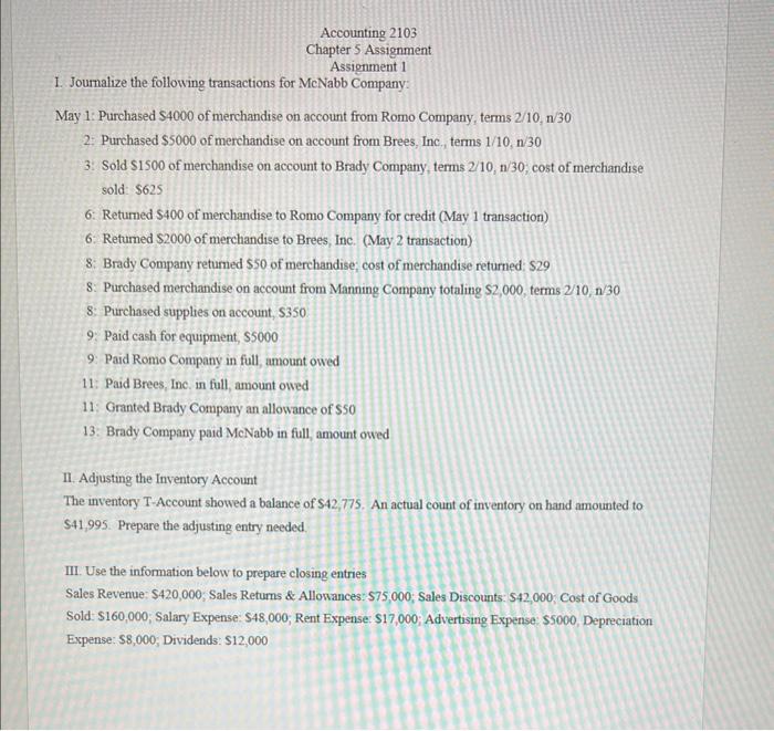 Solved Accounting 2103 Chapter 5 Assignment Assionment 1 1. | Chegg.com