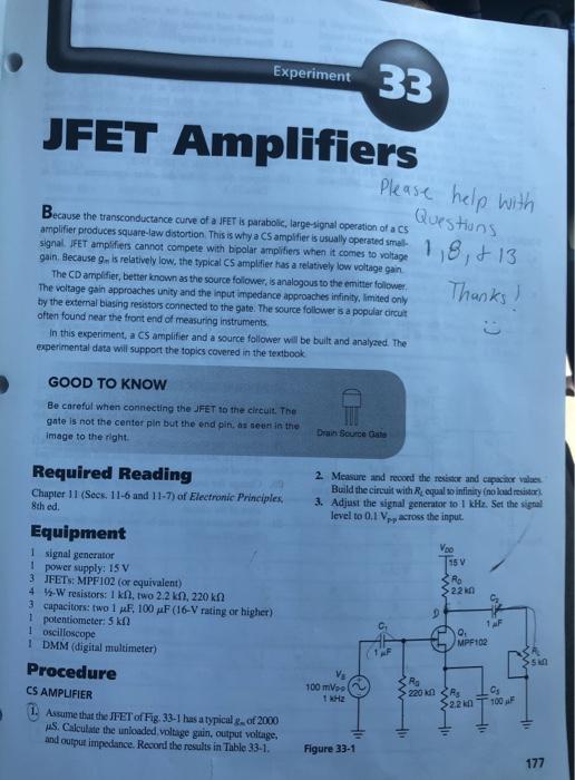Experiment 33 JFET Amplifiers Please help with