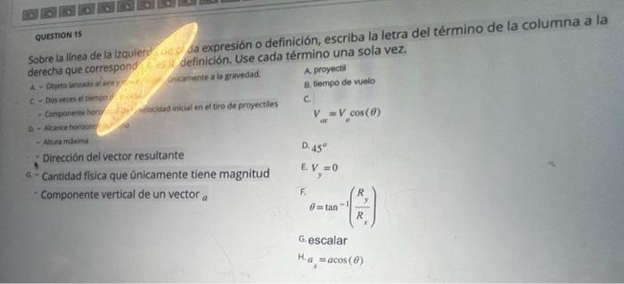 QUESTION 15 Sobre la linea de la izquiery \( \quad \) da expresión o definición, escriba la letra del término de la columna a