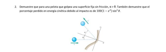 2. Demuestre que para una pelota que golpea una superficie fija sin fricción, \( \alpha>\theta \). También demuestre que el p