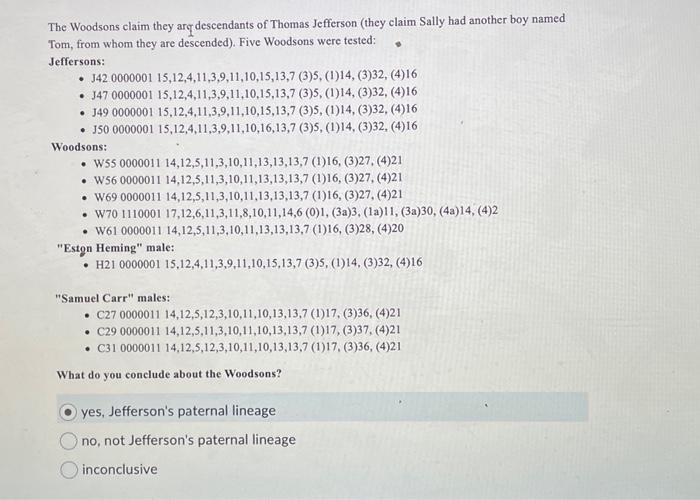 The Woodsons claim they ary descendants of Thomas | Chegg.com