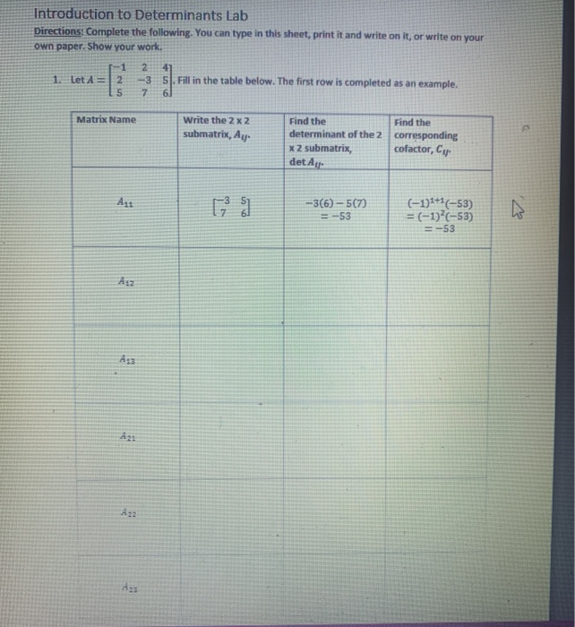 Solved Introduction to Determinants Lab Directions: Complete | Chegg.com