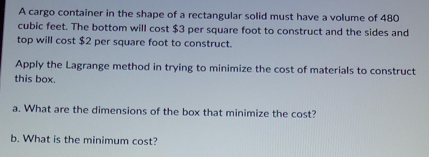 Solved A cargo container in the shape of a rectangular solid | Chegg.com