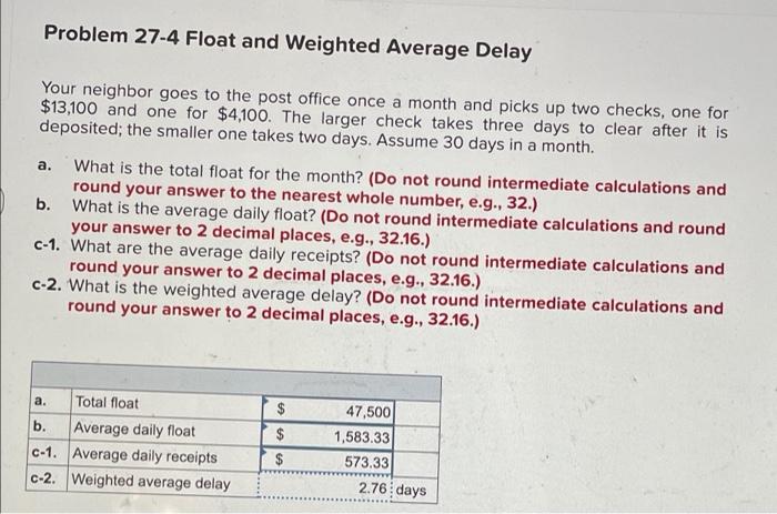 Solved Problem 27-4 Float and Weighted Average Delay a. Your | Chegg.com