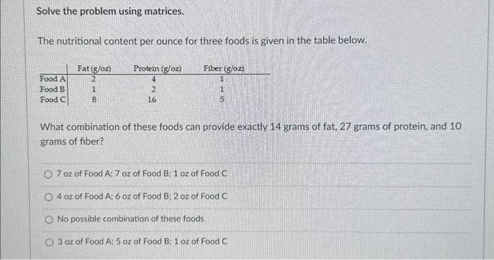 Solved Solve the problem using matrices. The nutritional | Chegg.com
