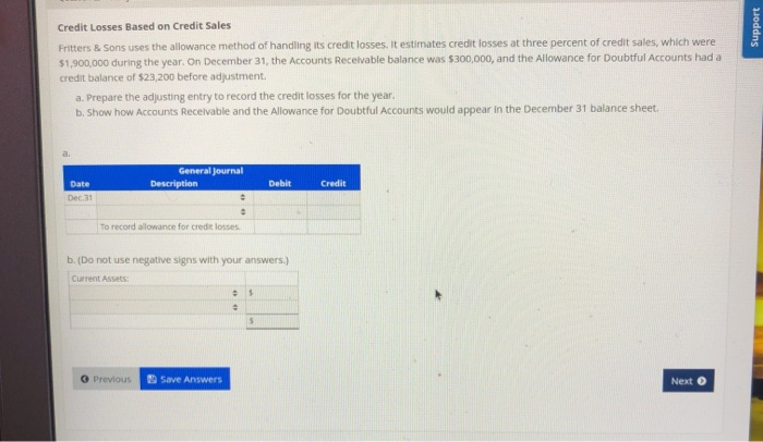 Solved Support Credit Losses Based On Credit Sales Fritters | Chegg.com