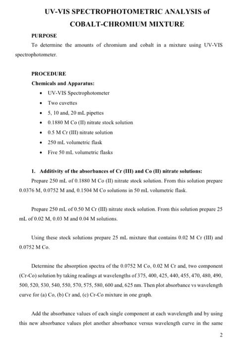 Solved UVVIS SPECTROPHOTOMETRIC ANALYSIS of COBALTCHROMIUM