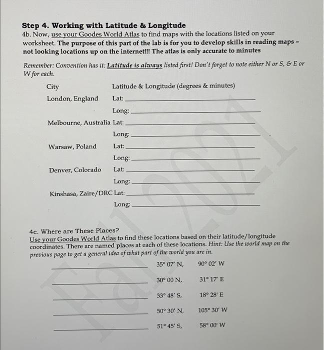 Solved Step 4. Working with Latitude \& Longitude 3a. We | Chegg.com