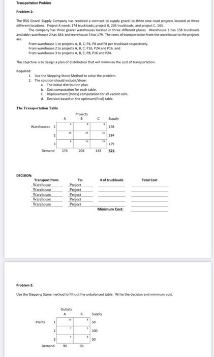 Transportation Problem Problem 1: The RSG Gravel | Chegg.com