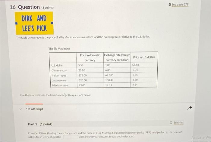 Solved See page 678 16 Question (3 polnts) DIRK AND LEE'S | Chegg.com