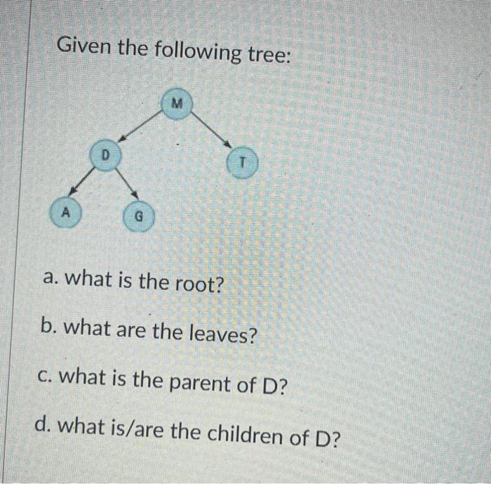 Solved Given the following tree: a. what is the root? b. | Chegg.com