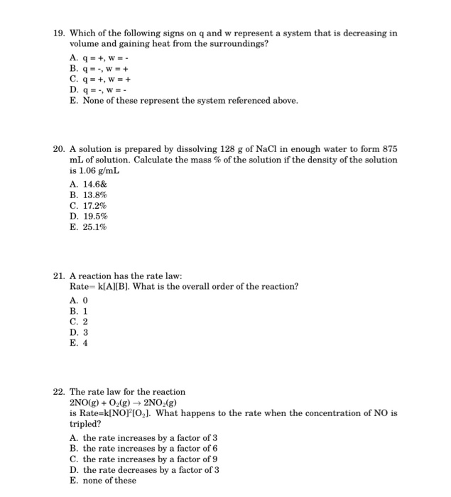 Solved 19 Which Of The Following Signs On Q And W Repres Chegg Com