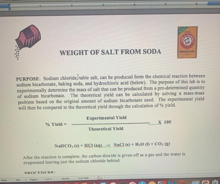 WEIGHT OF SALT FROM SODA Baking Soda PURPOSE Sodium