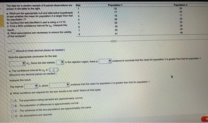 Solved The data for a random sample of 8 paired observations | Chegg.com