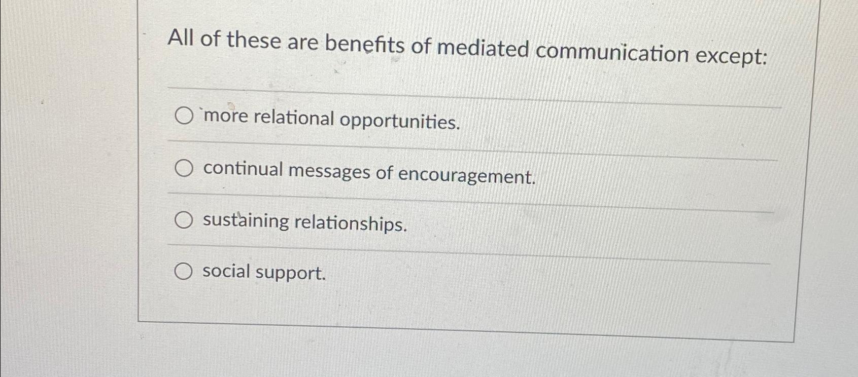 Solved All of these are benefits of mediated communication | Chegg.com