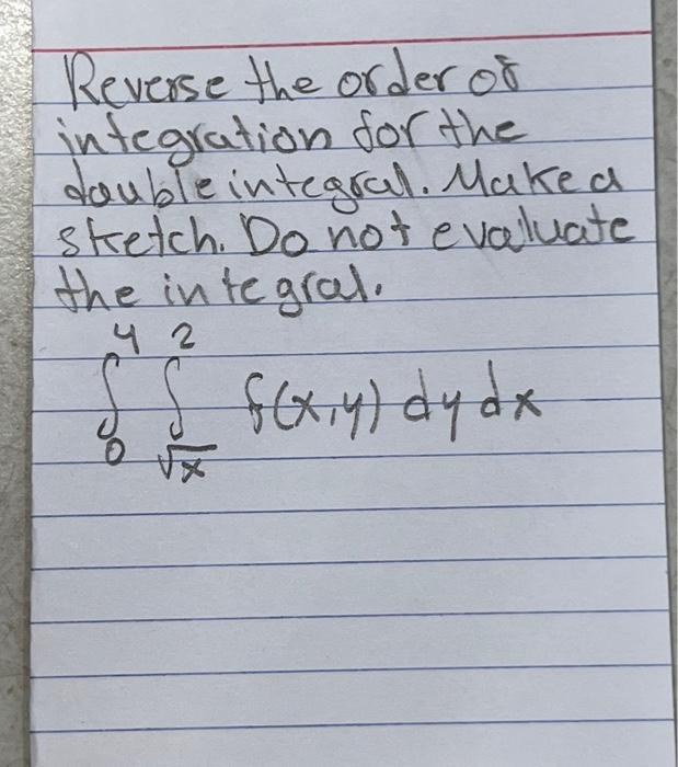Solved Reverse the order of integration for the double | Chegg.com