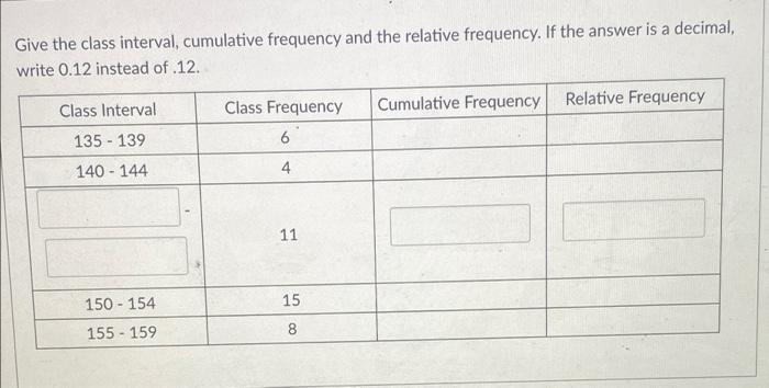 Solved Give the class interval, cumulative frequency and the | Chegg.com