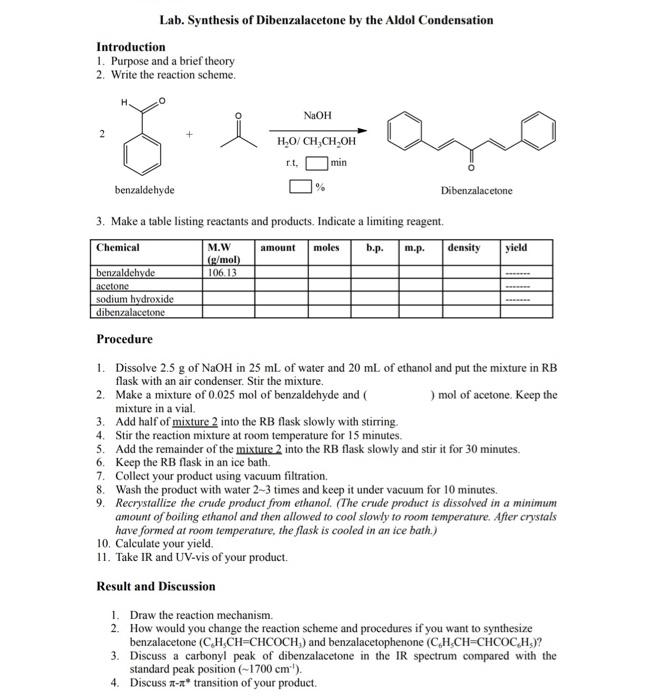 Solved Lab. Synthesis Of Dibenzalacetone By The Aldol | Chegg.com