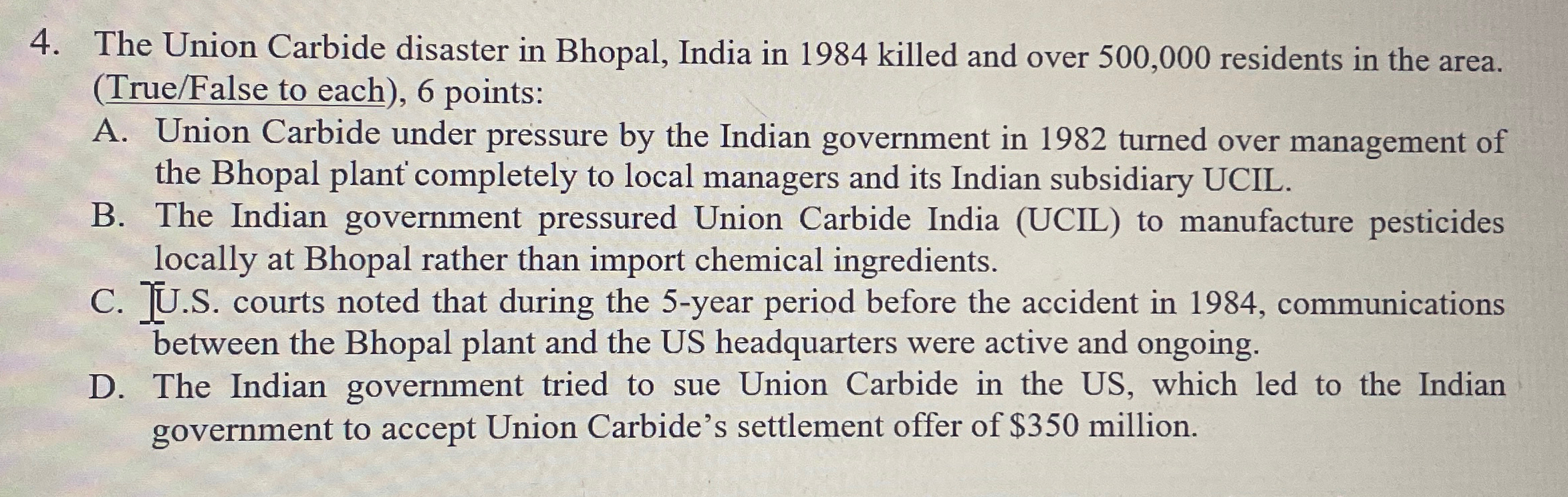 Solved The Union Carbide disaster in Bhopal, India in 1984 | Chegg.com