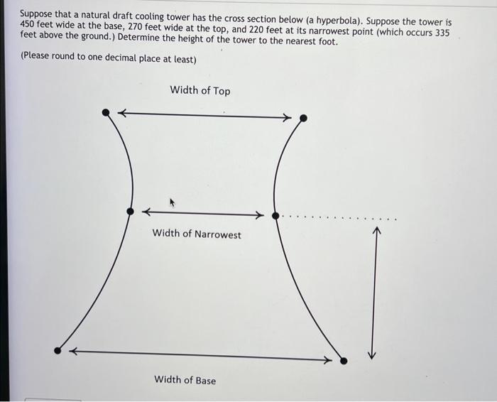 Suppose that a natural draft cooling tower has the cross section below (a hyperbola). Suppose the tower is 450 feet wide at t