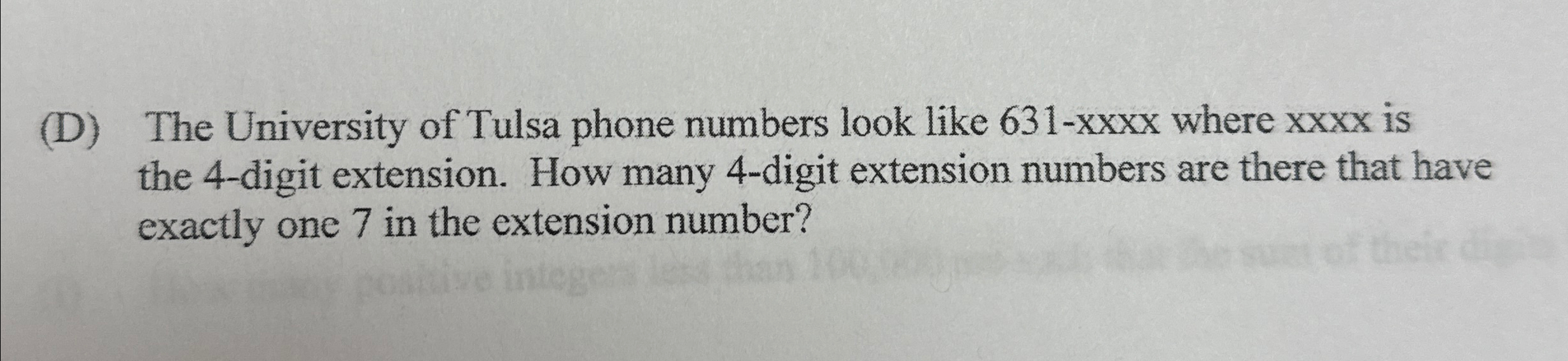 Solved (D) ﻿The University of Tulsa phone numbers look like | Chegg.com