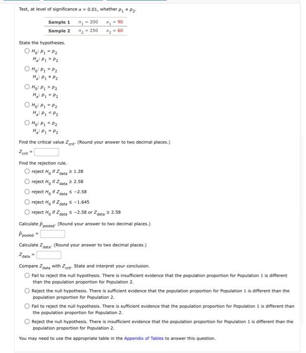 Solved Test, at level of significance α=0.01, whether p1 =p2 | Chegg.com