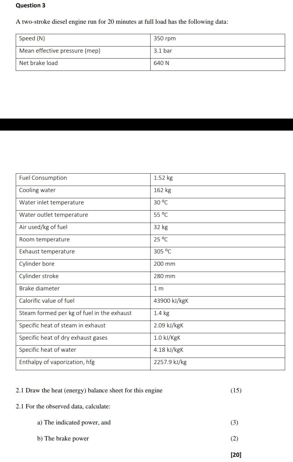 Solved Question 3 A twostroke diesel engine run for 20