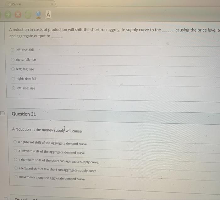 Solved Canvas Ā A reduction in costs of production will | Chegg.com
