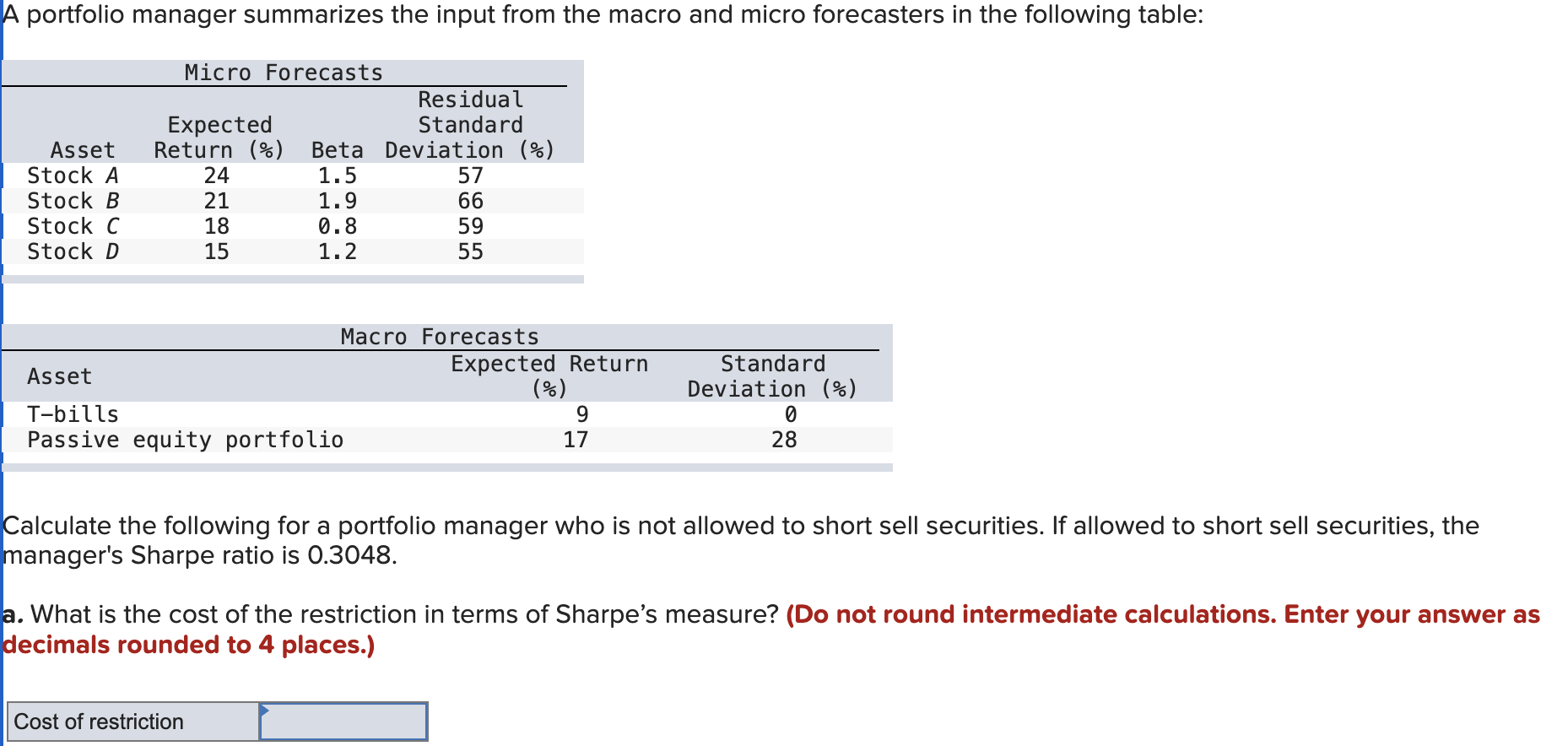 Solved A portfolio manager summarizes the input from the | Chegg.com
