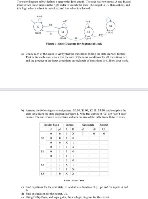 The state diagram below defines a sequential lock circuit. The user has two inputs, A and B, and must switch these inputs in 