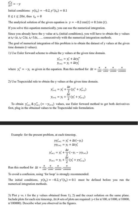 Solved dt2d2y=−y Initial conditions: y(t0)=−0.2,y′(t0)=0.1 | Chegg.com