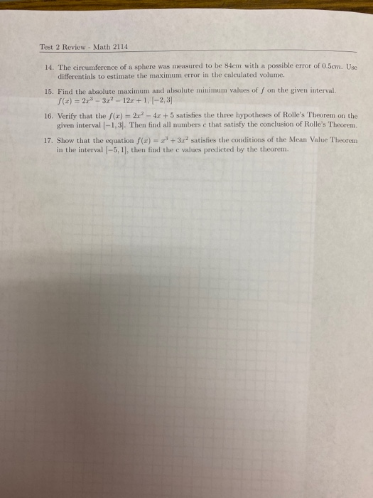 Solved Test 2 Review - Math 2114 1. Find an equation of the | Chegg.com