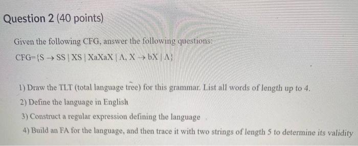 Solved Question 2 (40 points) Given the following CFG, | Chegg.com
