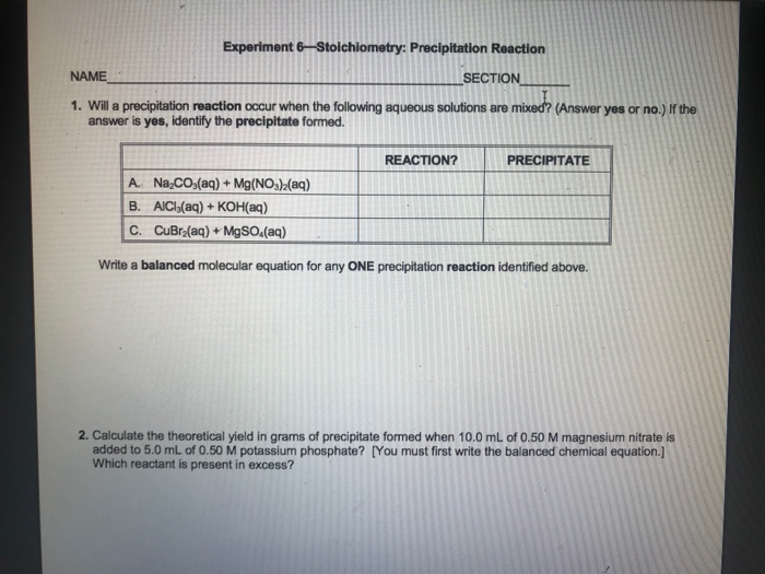 Solved Experiment 6-Stoichiometry: Precipitation Reaction | Chegg.com