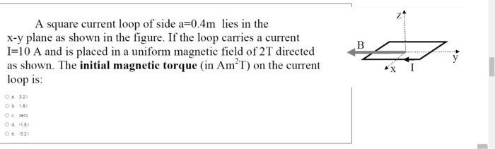Solved A square current loop of side a=0.4 m lies in the x−y | Chegg.com