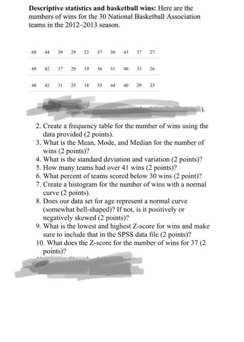 Solved Descriptive statistics and basketball wins: Here are | Chegg.com