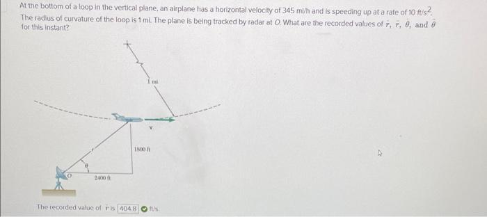 At the bottom of a loop in the vertical plane, an airplane has a horizontal velocity of \( 345 \mathrm{mi} / \mathrm{h} \) an