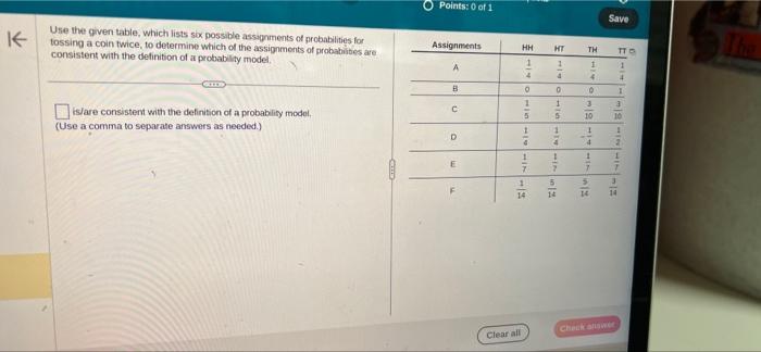 Solved Points: 0 of 1 Uhe the given table, which lists six | Chegg.com