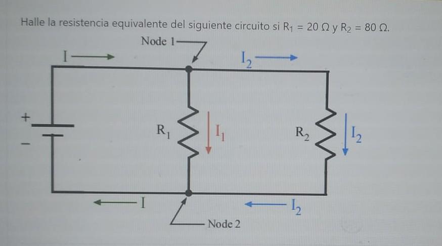 Halle la resistencia equivalente del siguiente circuito si \( R_{1}=20 \Omega \) y \( R_{2}=80 \Omega \).