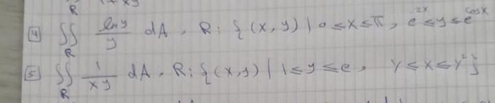 \( \begin{array}{l}\text { (4) } \iint_{R}^{R} \frac{\ln y}{y} d A, R:\left\{(x, y) \mid 0 \leqslant x \leqslant \pi, e^{2 x}