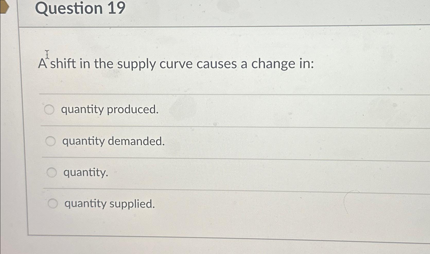 Solved Question 19A shift in the supply curve causes a | Chegg.com